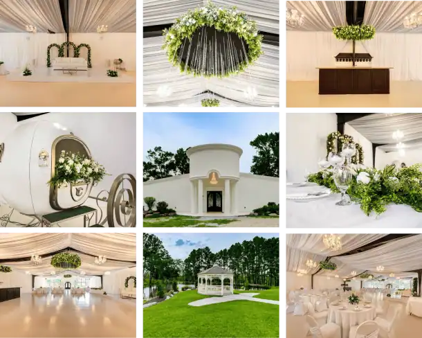Indoor and outdoor wedding spaces at a Houston-area venue